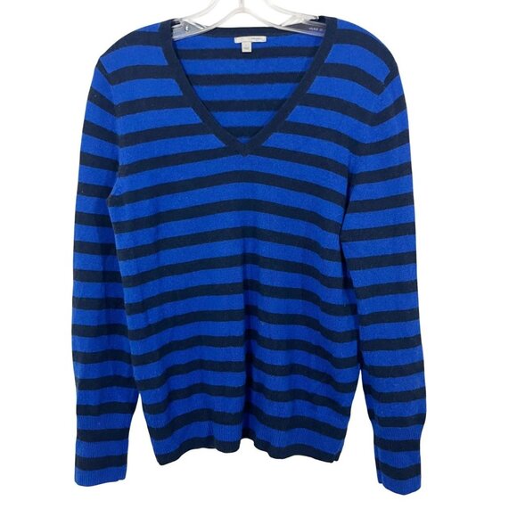 Halogen Navy Blue Striped Cashmere V-Neck Pullover Sweater - Size Large - Picture 1 of 6